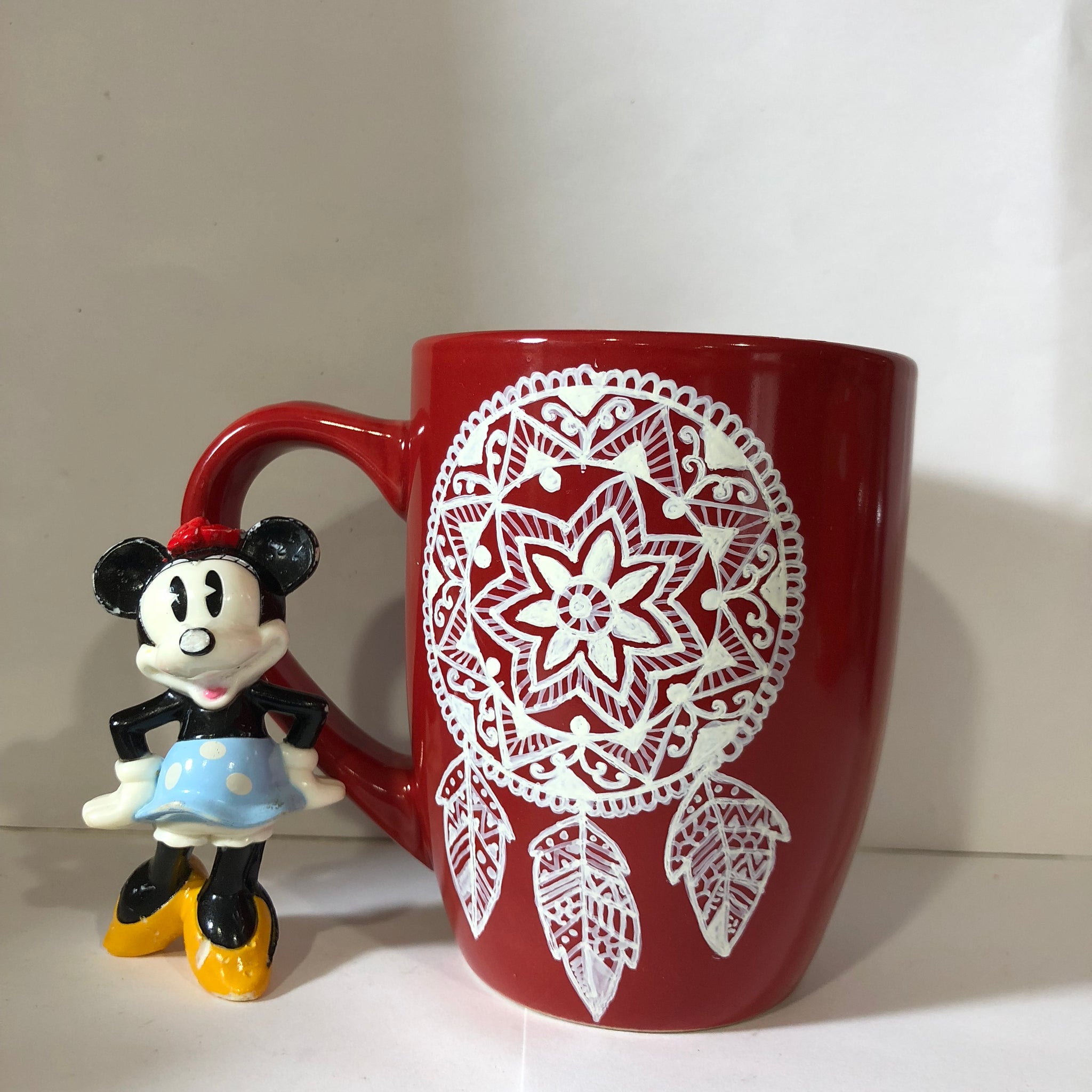 11Oz Red Ceramic Mug with Dream Catcher design in white