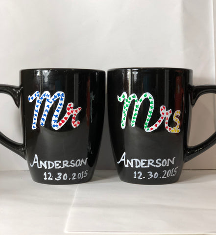 11Oz Black Ceramic Mug Pair with "Mr & Mrs", name customization