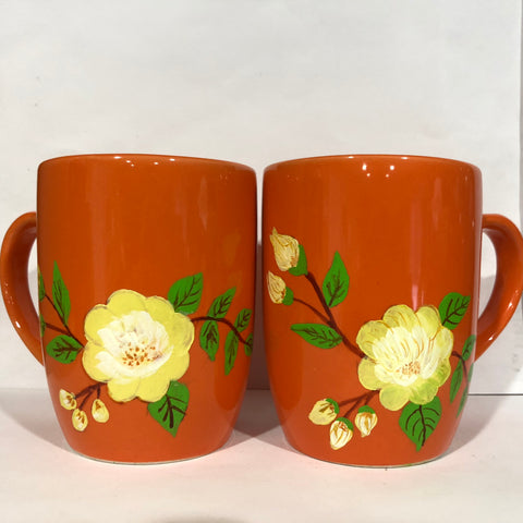 Two 11Oz Orange Ceramic Mug pair for name customization (painted flower in yellow design)