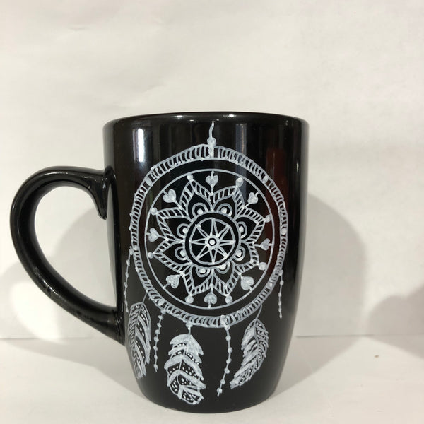11Oz Black Ceramic Mug with Dream Catcher design in white & "Good vibes only" quote on other side