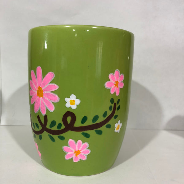 11Oz Green Ceramic Mug with pink and white daisies design